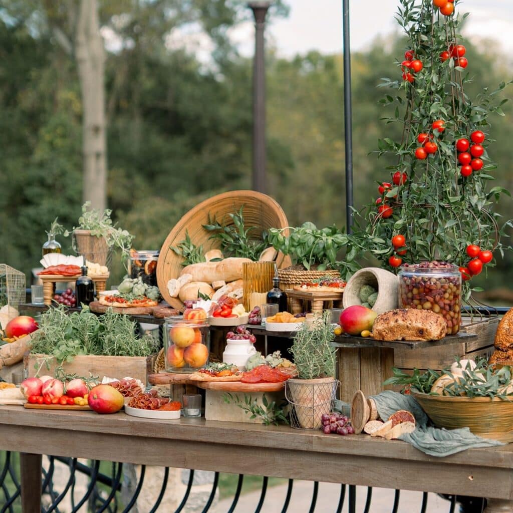 Luxury grazing table with breads, fruits, and charcuterie for a catered event in Central PA